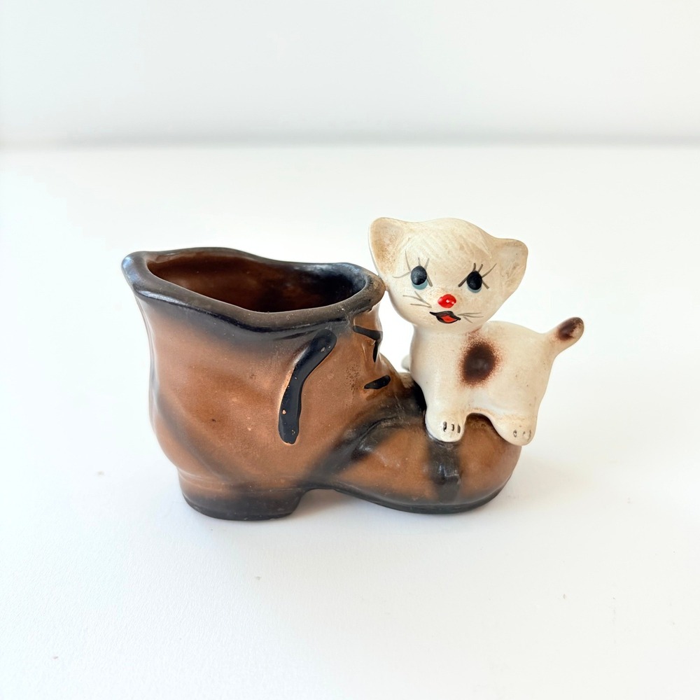 Vintage Enesco Japan Ceramic Kitten on Boot Figurine Planter Brown White Kitsch